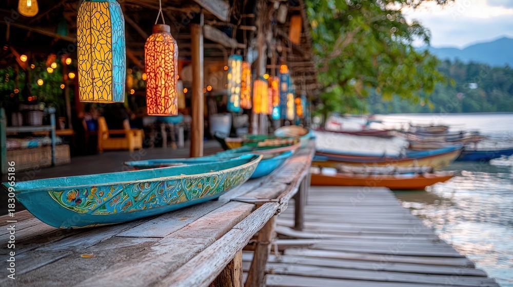 Obraz premium A decorative boat rests on a wooden pier, with colorful lanterns hanging overhead. The scene is set at dusk, with the water and distant mountains visible.