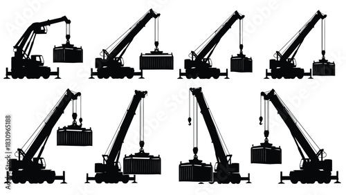 Flat vector illustrations of black silhouette heavy industrial mobile cranes lifting cargo containers, essential for, isolated on white background
