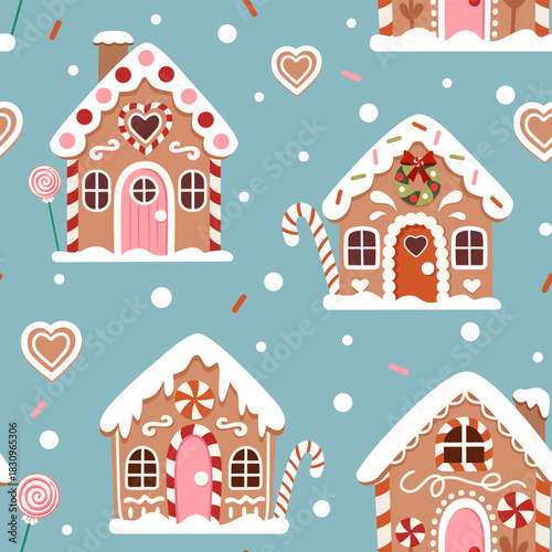 Seamless vector pattern with cute gingerbread houses.