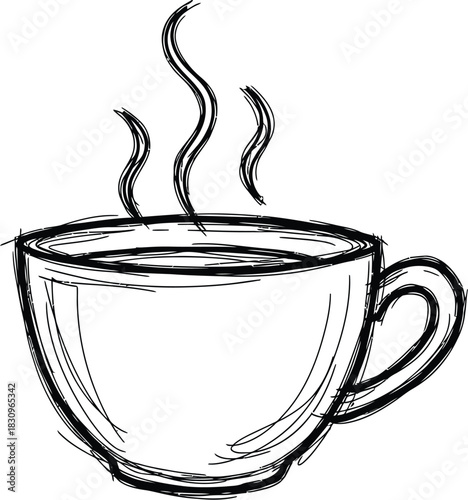 Sketch of a steaming cup of coffee on a white background