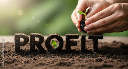 Green Plant with Business Profit Text on Soil – Economic Growth and Sustainability