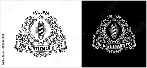 Barbershop logo design featuring a barber pole, ornate border, and text, with contrasting backgrounds.