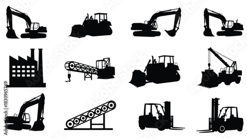 Flat vector silhouettes of heavy construction and industrial equipment, featuring excavators, bulldozers, forklifts, a, isolated on white background