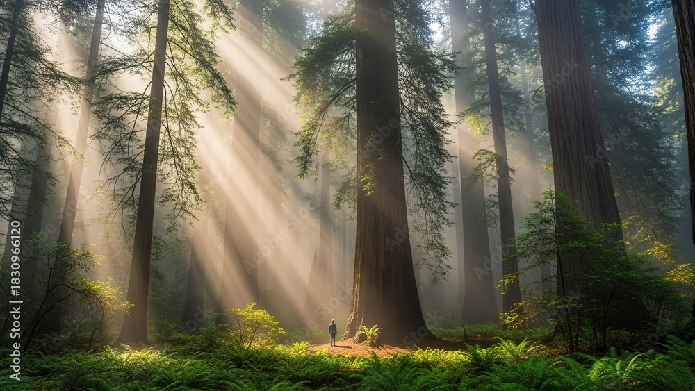 Obraz premium Sunbeams piercing through a misty redwood forest creating an ethereal and breathtaking natural scene.