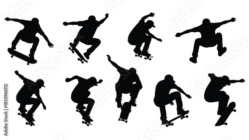 Dynamic black silhouette flat vector illustrations of male skateboarders performing impressive tricks and jumps,, isolated on white background
