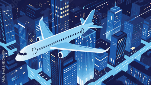 Airplane Flight Over the City Illustrator Artwork Banner Background Design Template 