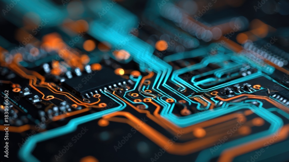 Fototapeta premium Circuit Board Close-Up: High-Tech Electronic Componentry with Bright Blue and Orange Traces for Advanced Systems