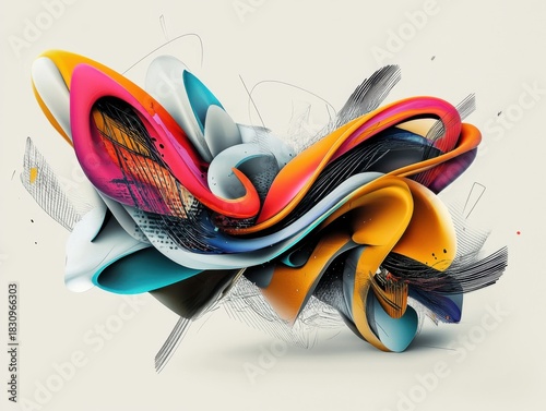 Abstract shapes intertwining, creating a vibrant, dynamic composition