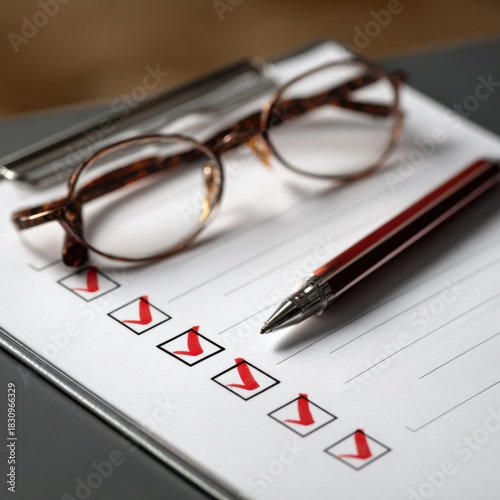 Checklist marked with pen and glasses