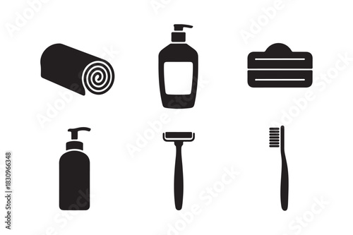 Collection of black bathroom icons for hygiene and personal care