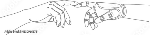 Human and robot hands touching in a single line drawing art
