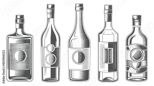 Monochrome Alcohol Booze Emblem Collection Featuring Retro Drink Icons, Vintage Bottle Graphics, Bar Symbols, Distillery Elements, Classic Brewery Themes, And Label Illustration For Design Projects