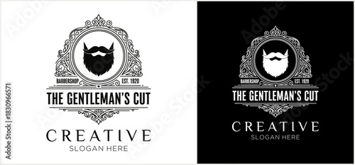 A vintage-style barbershop logo template featuring a classic barber pole inside an ornate shield, presented in black and white variations.