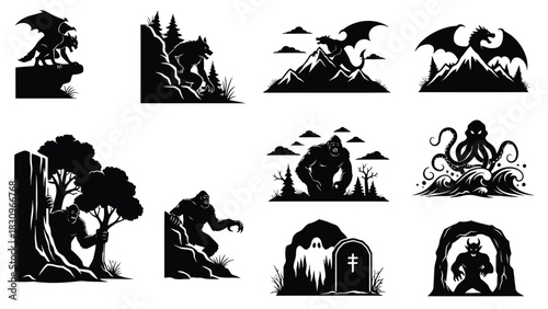 Collection of dark fantasy creatures and spooky horror monsters, depicted as black silhouette flat vector illustrations, isolated on white background