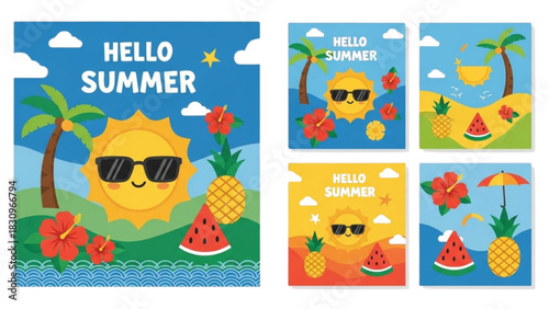 Colorful and playful summer beach scene illustrations with a happy sun character and fruits