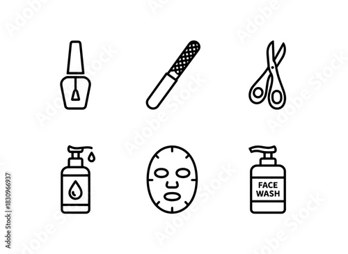 Nail Polish Nail File Nail Clippers Makeup Remover Face Mask Face Wash Minimal Icon Set