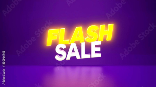 3d rendering of glowing yellow and white text that says flash sale on purple background