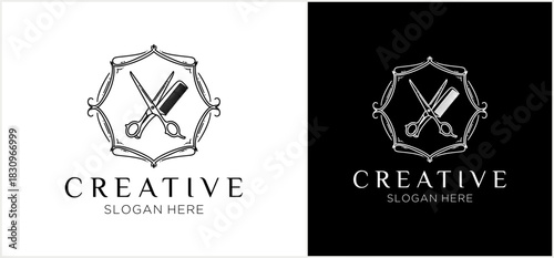 A vintage-style barbershop logo template featuring a classic barber pole inside an ornate shield, presented in black and white variations.