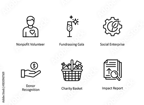 Nonprofit Volunteer Fundraising Gala Social Enterprise Donor Recognition Charity Icon Set
