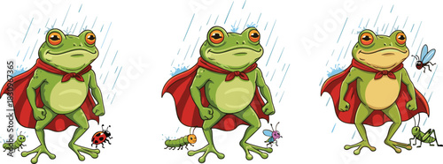 Superhero frog standing proudly in rain, cartoon amphibian hero with cape, cute insects surrounding brave character in fun illustration