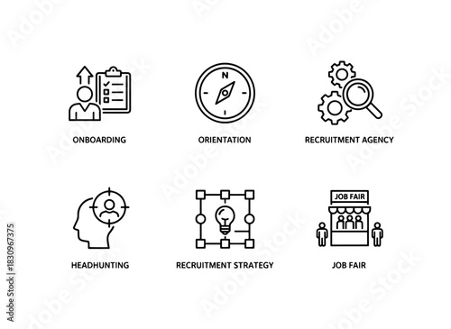 Onboarding Orientation Recruitment Agency Headhunting Recruitment Strategy Job Fair Icon Set