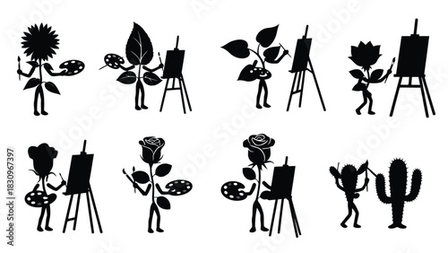 Flat vector illustration of anthropomorphic plants: sunflower, leaf, rose, cactus, painting on easels, brushes,, isolated on white background