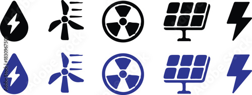 electricity black bule energy icons set vector design 