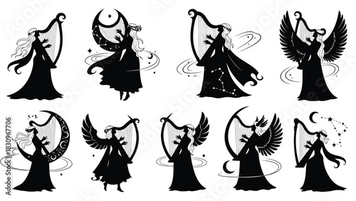 Elegant female figures playing mystical harps, some with angelic wings, crescent moons, or constellations, a flat, isolated on white background