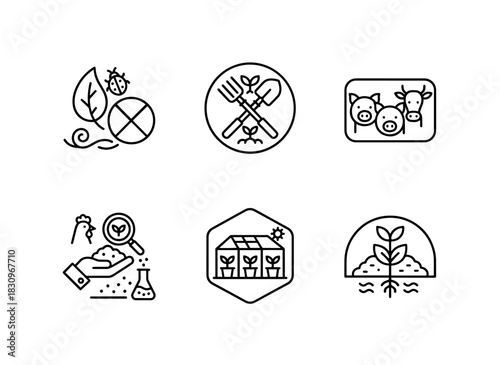 Organic Pest Control Organic Farming Tools Organic Farm Animals Organic Soil Testing Icon Set