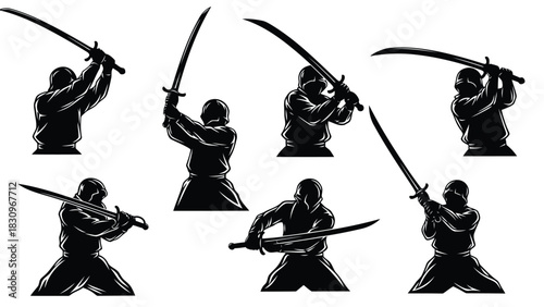Dynamic black silhouettes of warriors wielding curved swords in various action poses, a flat vector illustration set, isolated on white background
