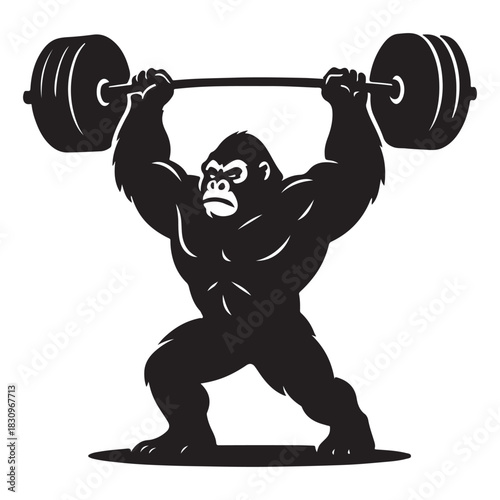 Powerful primate lifts heavy barbell, muscles tensed