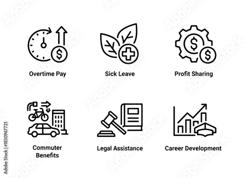 Overtime Pay Sick Leave Profit Sharing Commuter Benefits Legal Assistance Career Icon Set