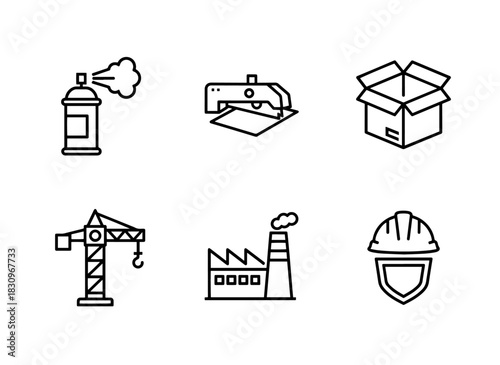 Paint Spray Cutting Machine Packaging Box Crane Factory Chimney Industrial Icon Set