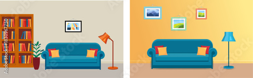 Living room with sofa, lamp, plant and bookshelf