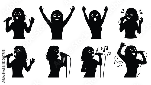Black female singer silhouettes performing with microphones, hands raised in various expressive poses, a flat vector, isolated on white background
