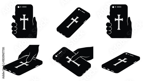 Flat vector illustration set of hands holding and interacting with a modern smartphone displaying an ornate Christian, isolated on white background