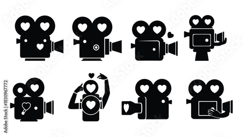 Collection of black silhouette vintage film cameras, each with heart shaped elements, symbolizing love for cinema and, isolated on white background