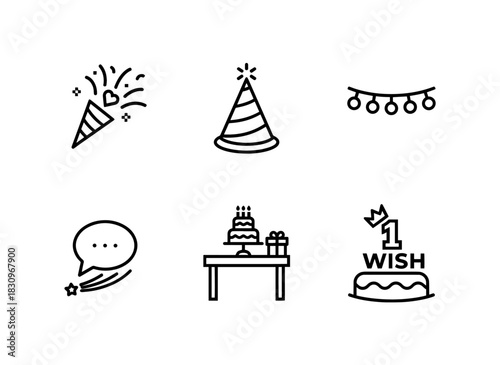 Party Popper Birthday Hat Party Lights Birthday Wish Birthday Table Birthday Cake Icon Set