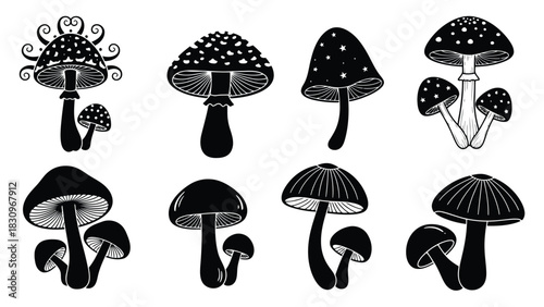 Set of stylized black and white vector mushroom icons, featuring spotted caps, starry patterns, whimsical decorative, isolated on white background