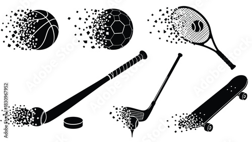 Monochromatic flat vector illustration of sports equipment with pixelated disintegration effect, symbolizing speed and, isolated on white background