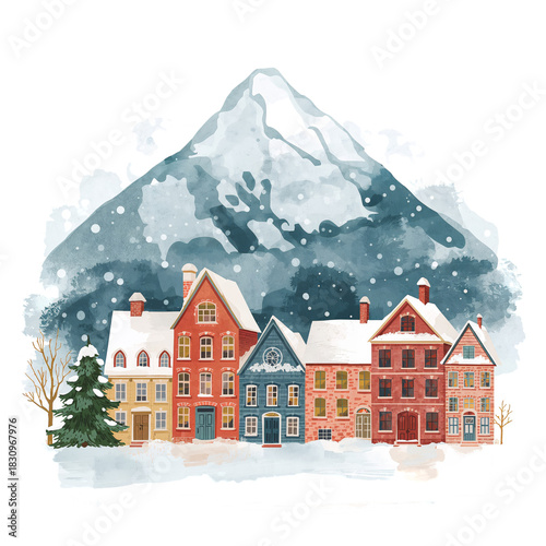 Winter Village With Colorful Houses and Snow-Covered Mountains in the Background