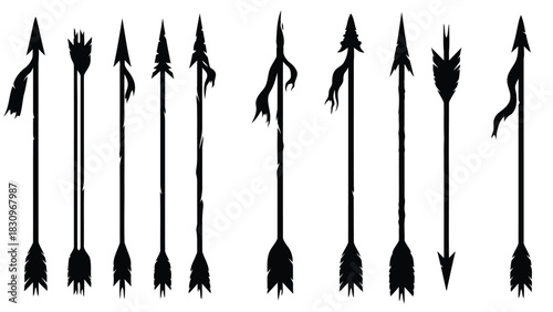 Diverse stylized black silhouette arrows, unique fletching, varied arrowheads, and distinct shaft designs, some with, isolated on white background