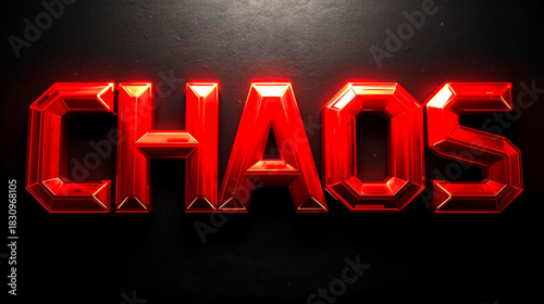 Dramatic red metallic 3d text spelling chaos with glowing edge effect on dark background