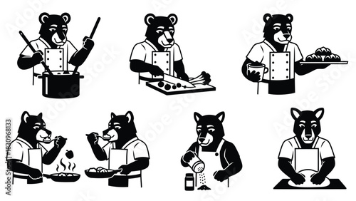 Flat vector illustration of a friendly black bear chef wearing a white uniform and apron, expertly cooking, baking, and, isolated on white background