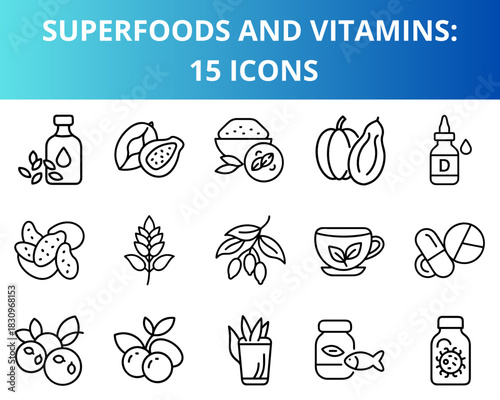 Superfoods and vitamins icons in minimalist line art style  