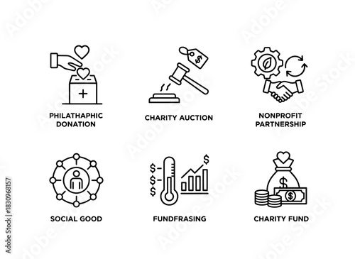 Philanthropic Donation Charity Auction Nonprofit Partnership Social Good Fundraising Icon Set
