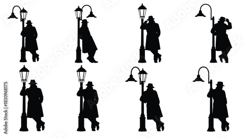 Mysterious male figure wearing a classic trench coat and dapper fedora hat leans against an antique street lamp, a flat, isolated on white background