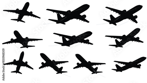 Collection of multiple black airplane silhouettes flying in various dynamic positions, depicting global travel and, isolated on white background