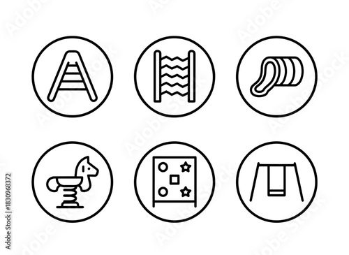 Playground Equipment Slide Ladder Rope Climb Tunnel Slide Spring Rider Activity Icon Set
