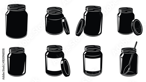 Flat vector illustration set of empty mason jars in various states, including open, closed, with lids, labels, and a, isolated on white background